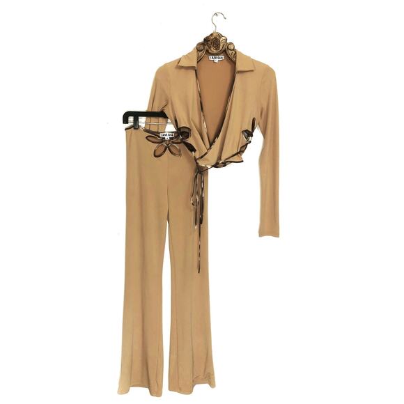 I.AM.GIA Pants - I AM GIA Renalee Floral Cutout Wrap Top Large Flare Pants Medium Set Tan